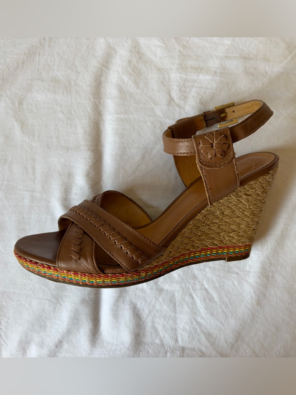 Jack Rogers Tan Leather Espadrille Wedge Heel 4” Sandals w Multicolor Trim 7.5